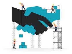 Graphic of handshake amid scaffolding on construction site Graphic of handshake amid scaffolding on construction site