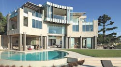 Designed to withstand natural disasters, exterior, poolside of modern mansion in hills above Los Angeles by Landry Design Group Designed to withstand natural disasters, exterior, poolside of modern mansion in hills above Los Angeles by Landry Design Group