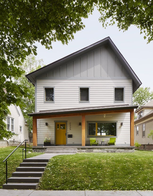 Front of Minneapolis house infill project sloped offset roof