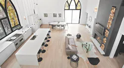 Top side view of open floor great room in a former church