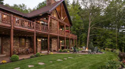 Bulasters on the balcony deck of a Golden Eagle log cabin home