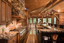 log cabin kitchen and family room by Golden Eagle & Timber Homes log cabin kitchen and family room by Golden Eagle & Timber Homes