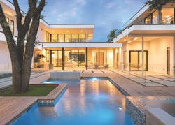 Back view of Modern Bauhaus and pool Back view of Modern Bauhaus and pool