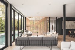 Living room with window continuing exterior's black theme Living room with window continuing exterior's black theme