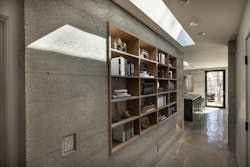 rammed earth home hallway, built-in shelves rammed earth home hallway, built-in shelves
