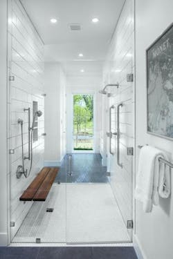 White tile shower stall with bench White tile shower stall with bench