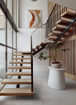 stairwell with wooden slat wall stairwell with wooden slat wall