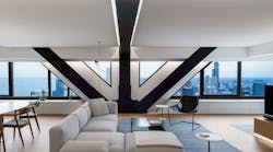 Condo with Chicago skyline views and V-shaped steel bracing Condo with Chicago skyline views and V-shaped steel bracing