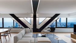 Condo with Chicago skyline views and V-shaped steel bracing Condo with Chicago skyline views and V-shaped steel bracing