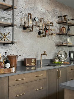 Steam-punk style copper plumbing is the showpiece of this wet bar Steam-punk style copper plumbing is the showpiece of this wet bar