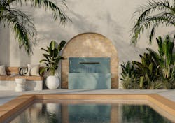 Outdoor photo of Concretti Design's Huron fountain, in turquoise Outdoor photo of Concretti Design's Huron fountain, in turquoise