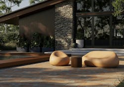 Exterior photo of Concretti Design's concrete bubble chair and couch, in tangerine Exterior photo of Concretti Design's concrete bubble chair and couch, in tangerine