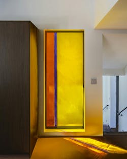 Fused yellow and orange glass set in zinc at a private residence Fused yellow and orange glass set in zinc at a private residence