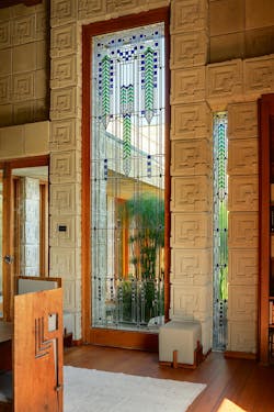 Stained glass at Ennis House. Designed by Frank Lloyd Wright, Manufactured by Judson Studios Stained glass at Ennis House. Designed by Frank Lloyd Wright, Manufactured by Judson Studios