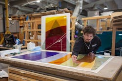 Fused glass window in production in Judson Studios Fused glass window in production in Judson Studios