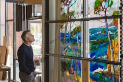 David Judson looking at a stained glass window | Judson Studios David Judson looking at a stained glass window | Judson Studios