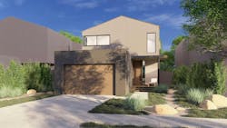 Front elevation of Marmol Radziner's home plan for Case Studio 2.0 | Wildfire resistant design Front elevation of Marmol Radziner's home plan for Case Studio 2.0 | Wildfire resistant design