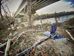 Directional Sign Blown over By Hurricane Helene in the River Arts District in Asheville, NC Directional Sign Blown over By Hurricane Helene in the River Arts District in Asheville, NC