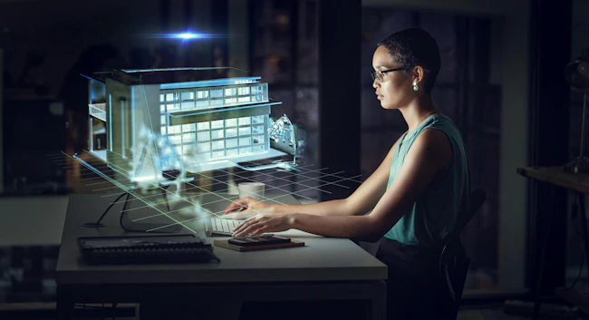 Futuristic, ai and female employee with holographic software for architecture, home or house with augmented reality