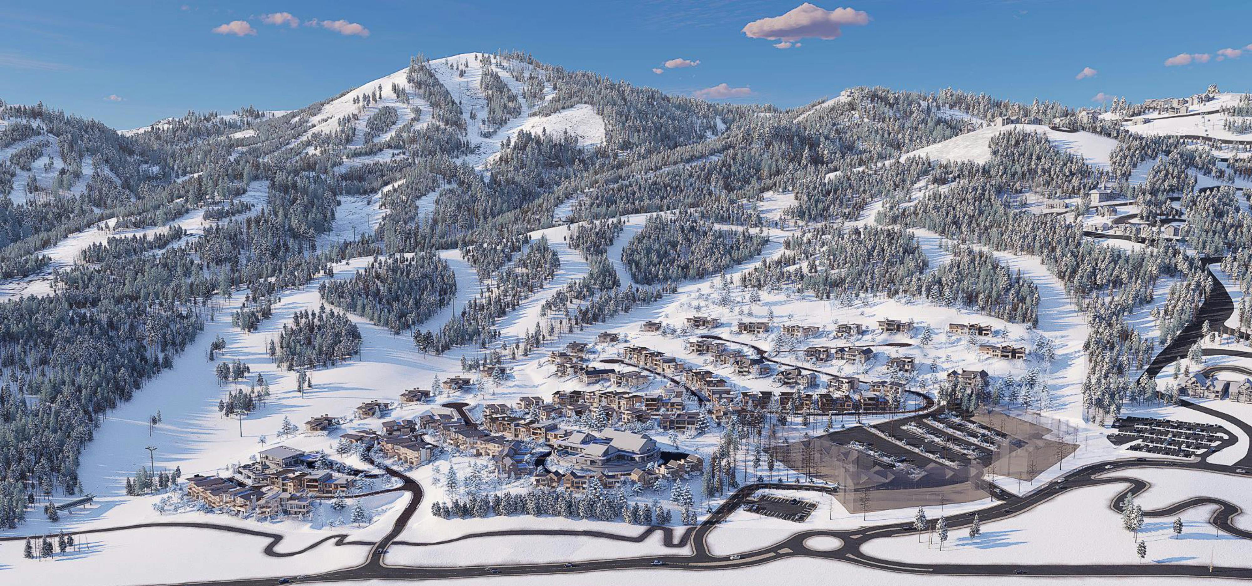 Mountainside topped with snow, showing the Velv&aelig;re ski in ski out community in Park City