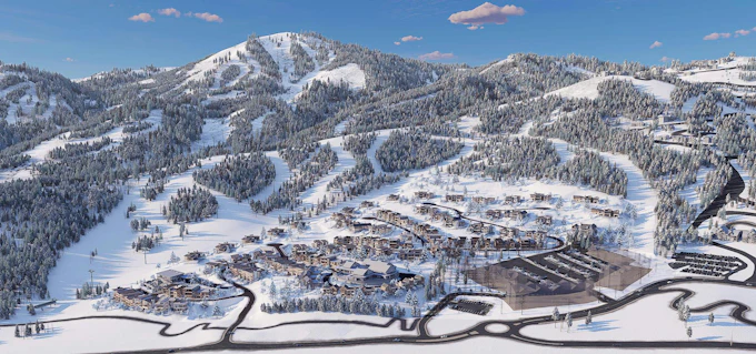 Mountainside topped with snow, showing the Velv&aelig;re ski in ski out community in Park City