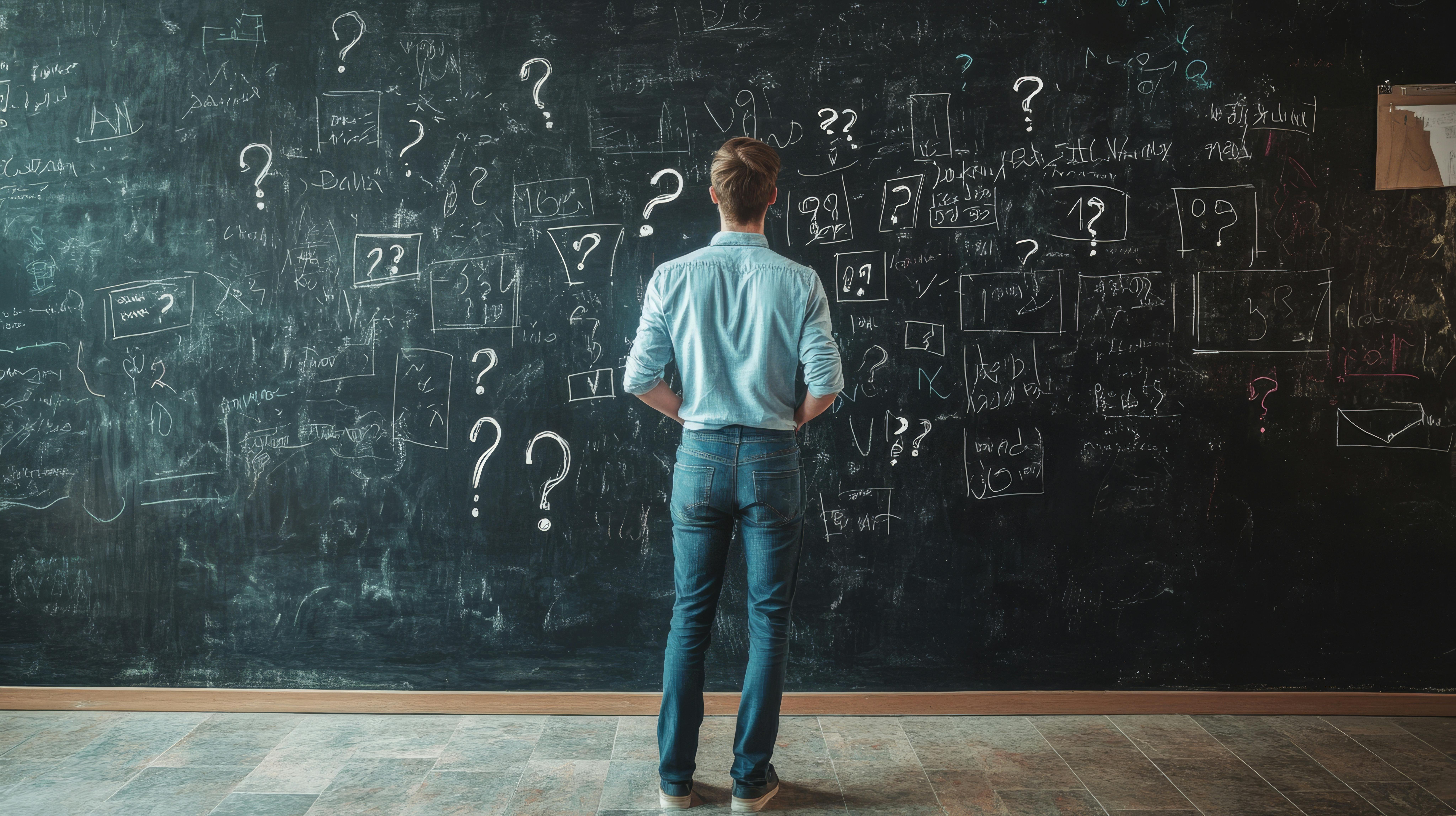 Man staring at blackboard