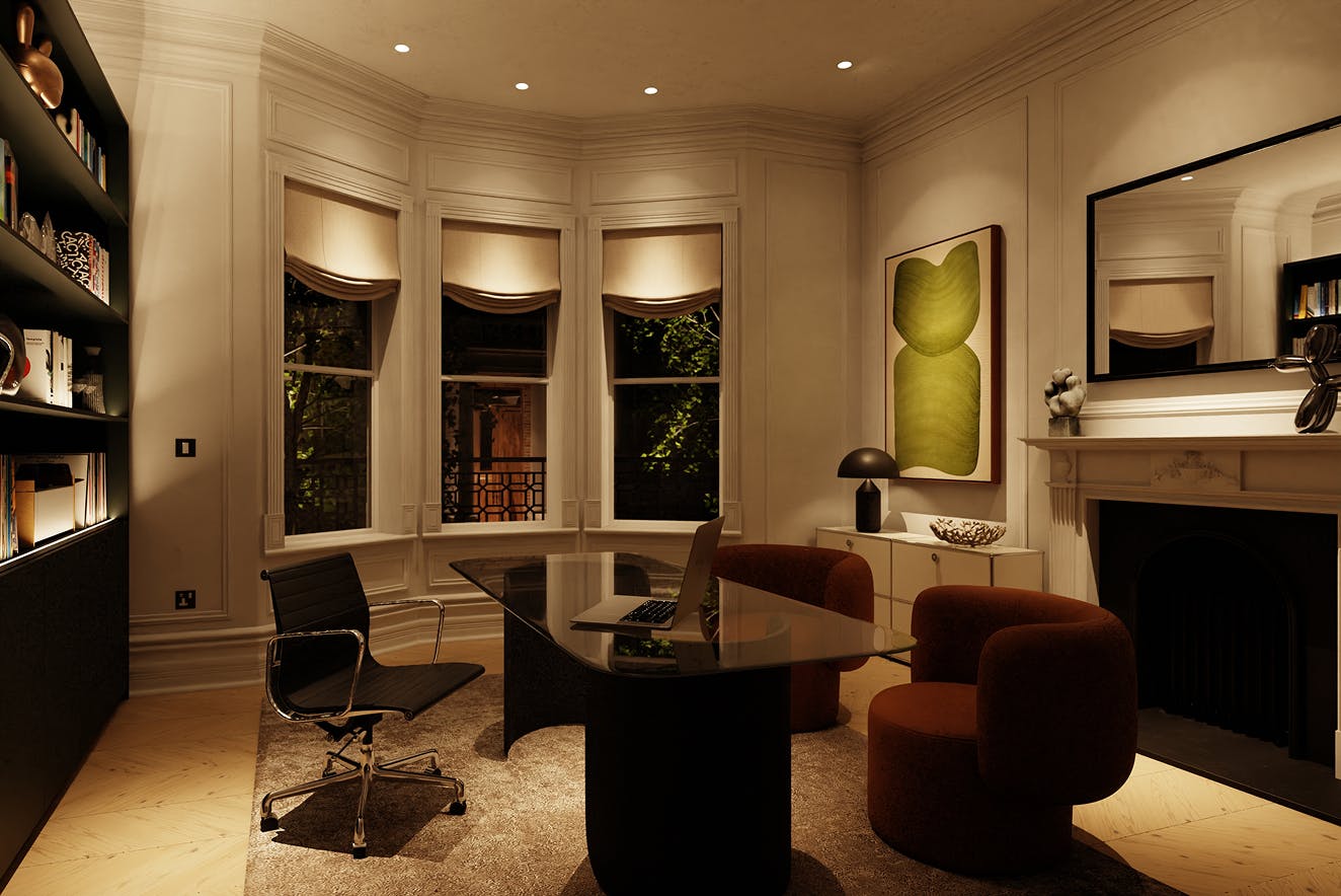 Study illuminated with strategic downlights