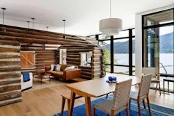 INterior shot of amountain modern home where an origional 1915 cabin sits inside as the heart of the new build. INterior shot of amountain modern home where an origional 1915 cabin sits inside as the heart of the new build.
