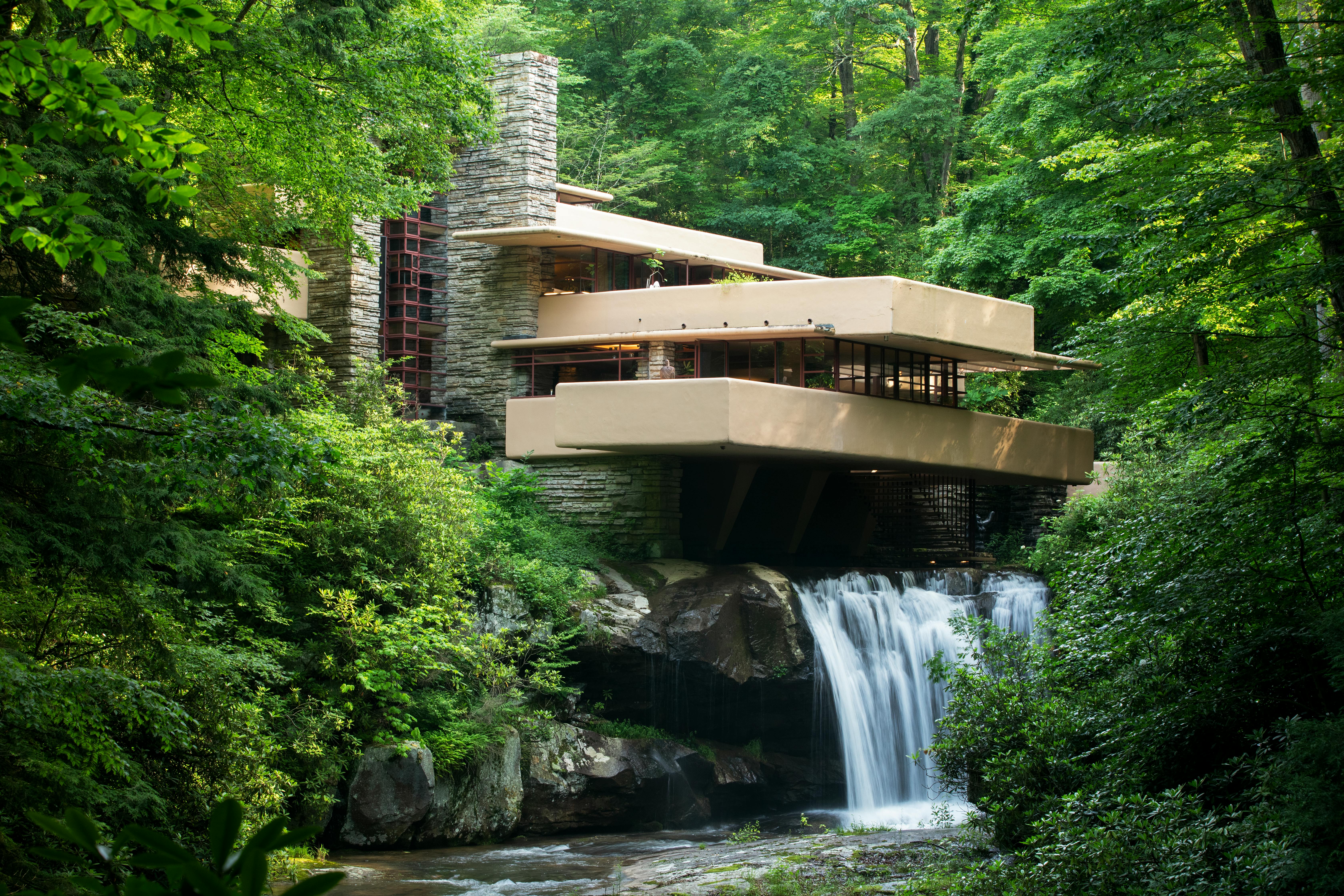 Iconic view of Fallingwater house by Frank Lloyd Wright