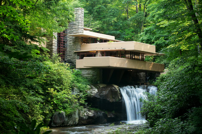 Iconic view of Fallingwater house by Frank Lloyd Wright
