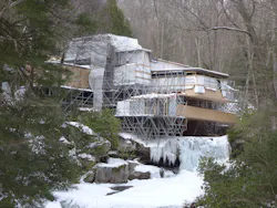 Scaffolding and enclosures surrounding Fallingwater under repair Scaffolding and enclosures surrounding Fallingwater under repair