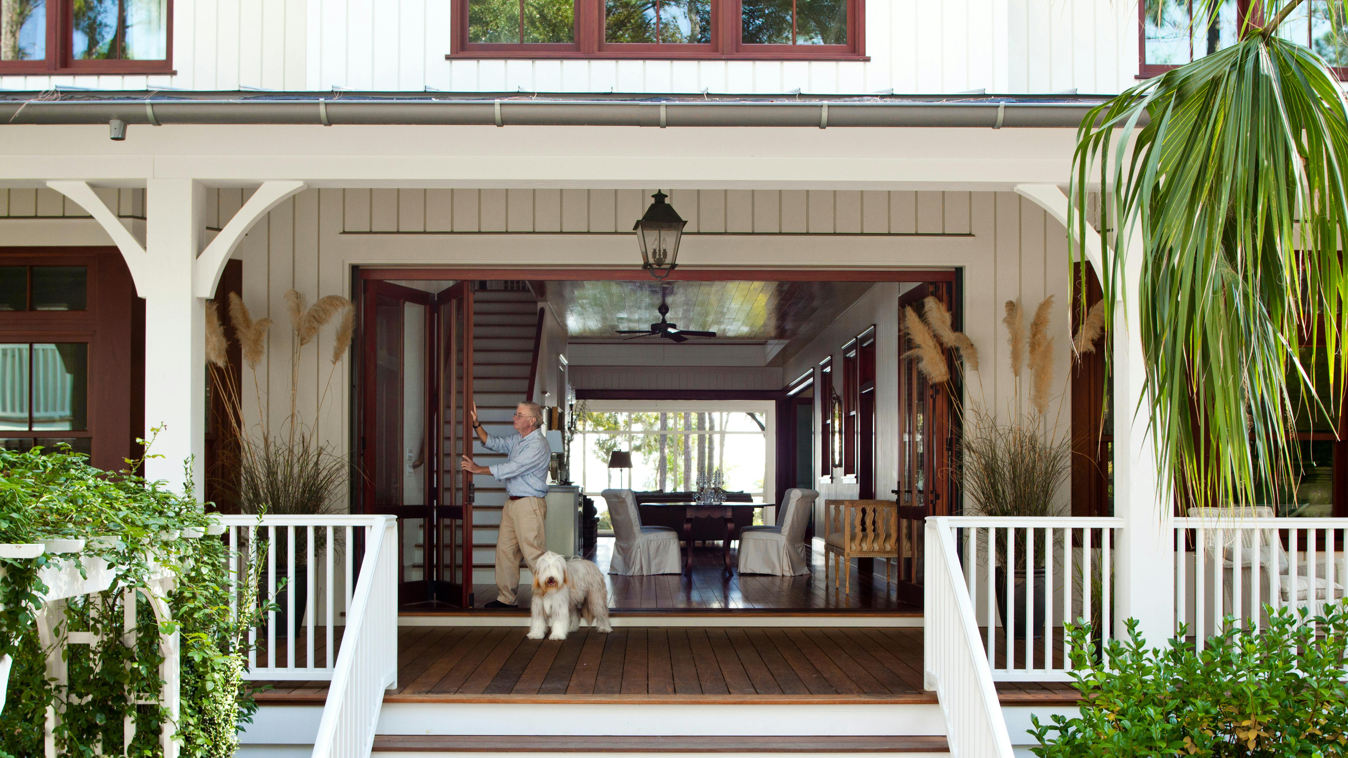 Front porch of a contemporary dogtrot style home