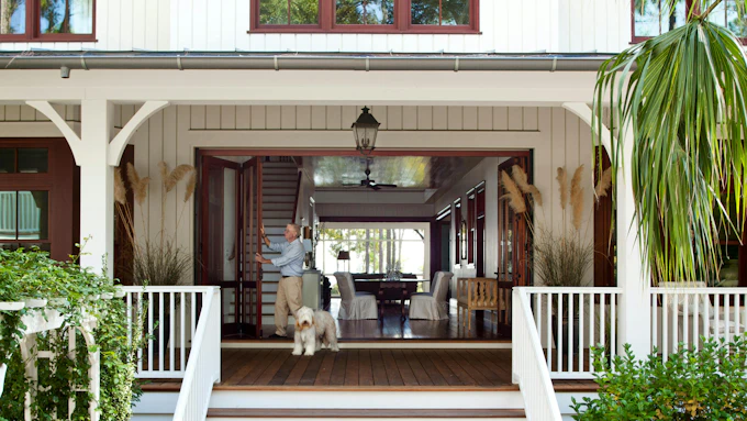 Front porch of a contemporary dogtrot style home