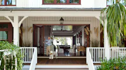 Front porch of a contemporary dogtrot style home