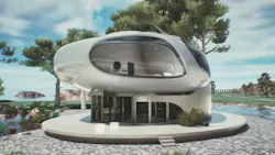 Digital rendering of the proposed studio/residence. Still from Ai-Da Robot Designs a Building, by Ai-Da Robot channel, January 8, 2026.