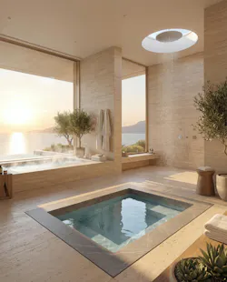 Interior view of a spa with cold plunge tub, hot tub, and shower