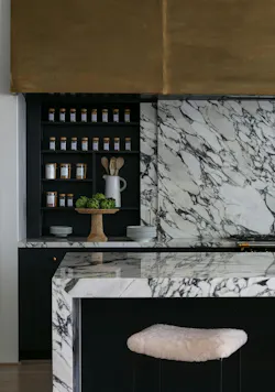 Close-up of the spice rack tucked behind the sliding backsplash.