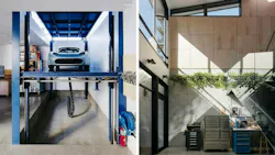 Interior of luxury Silicon Valley workshop with a car-lift and double height windows